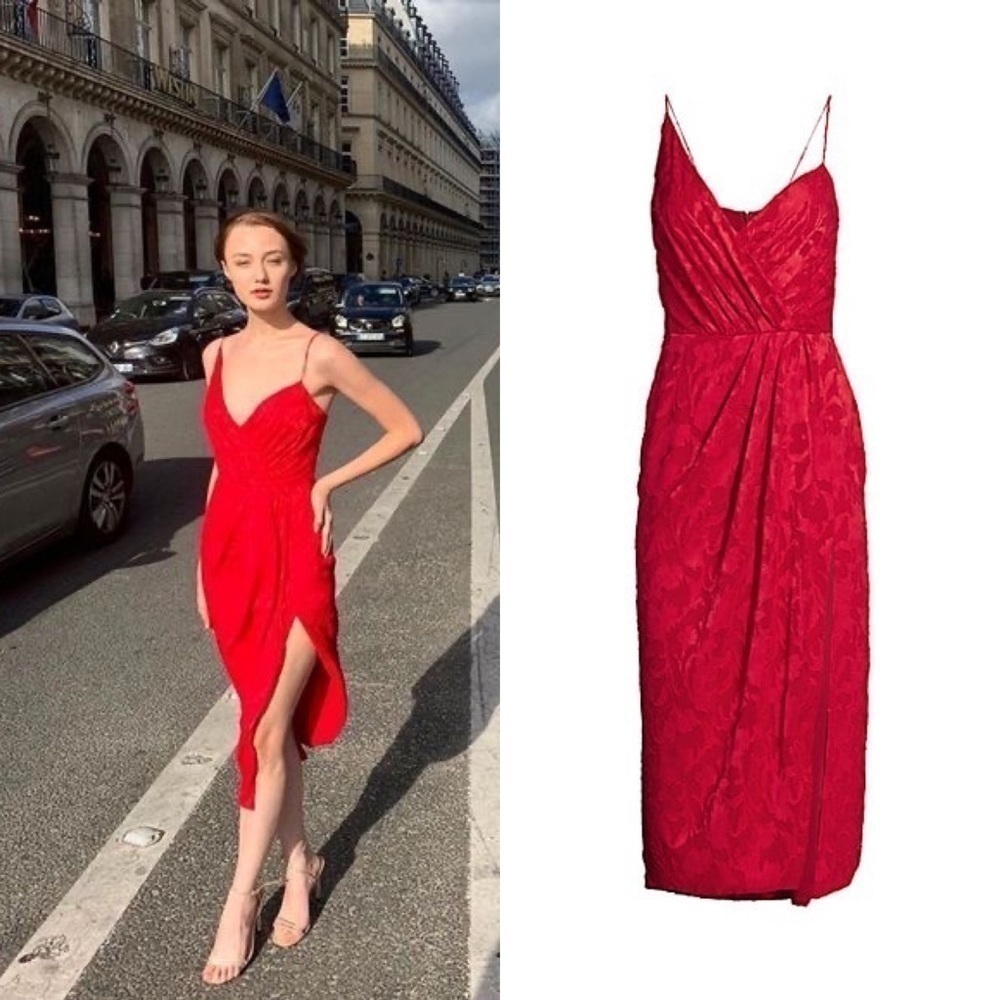 Monique Lhuillier Dress Foulard Asymmetric Floral Lace‎ Midi Lipstick 4 NWT